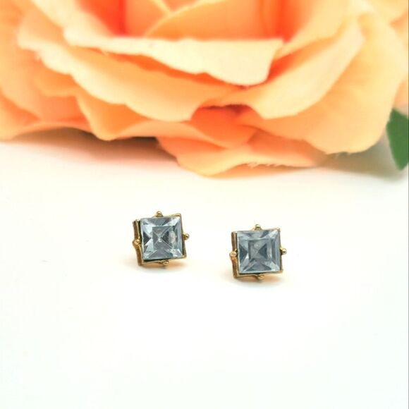 Vintage gold blue princess cut earrings - Picture 1 of 6